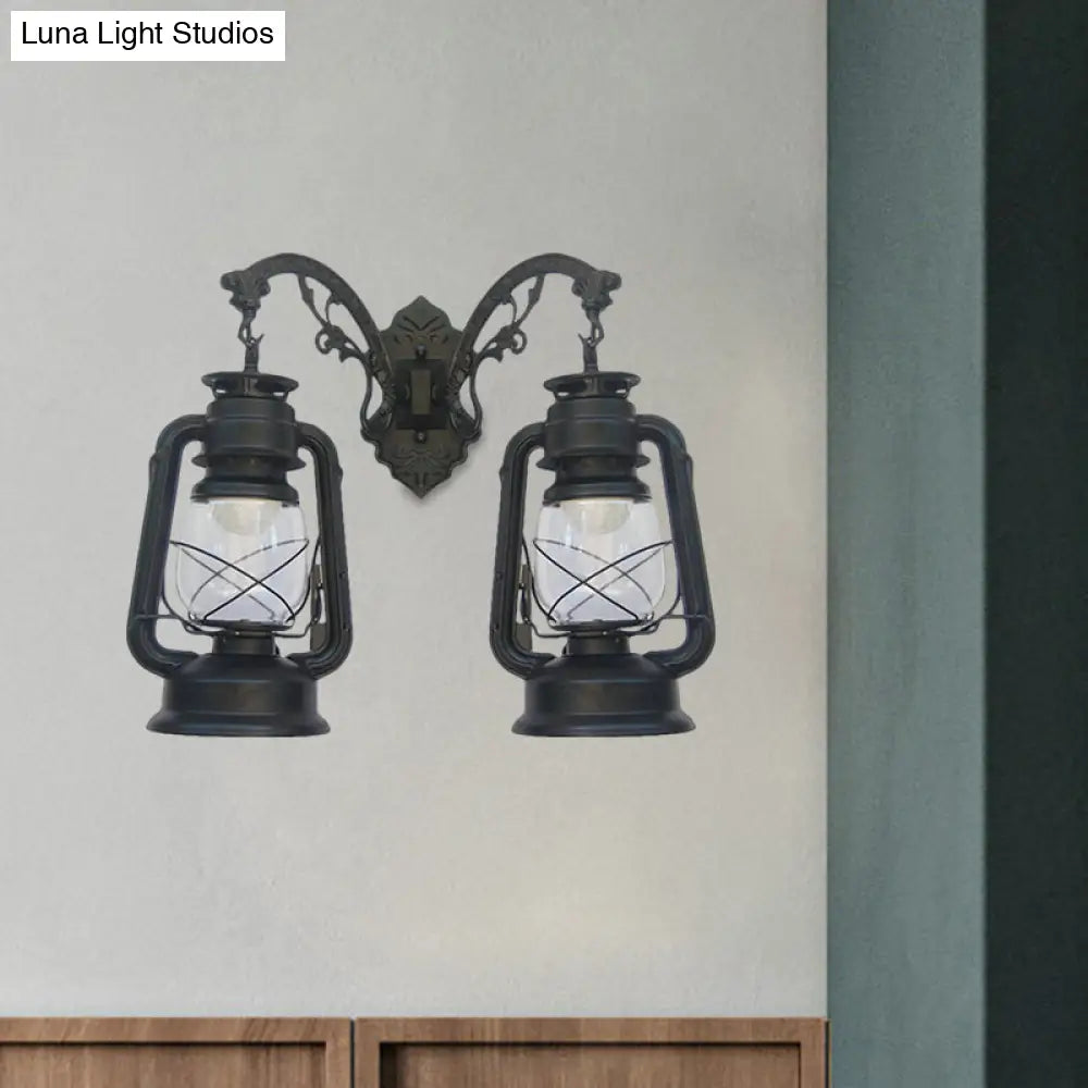 Industrial Lantern Wall Sconce Light Fixture - 2 Bulb Clear Glass Design In A Black/Bronze/Copper