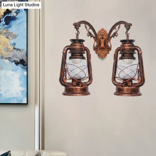 Industrial Lantern Wall Sconce Light Fixture - 2 Bulb Clear Glass Design In A Black/Bronze/Copper