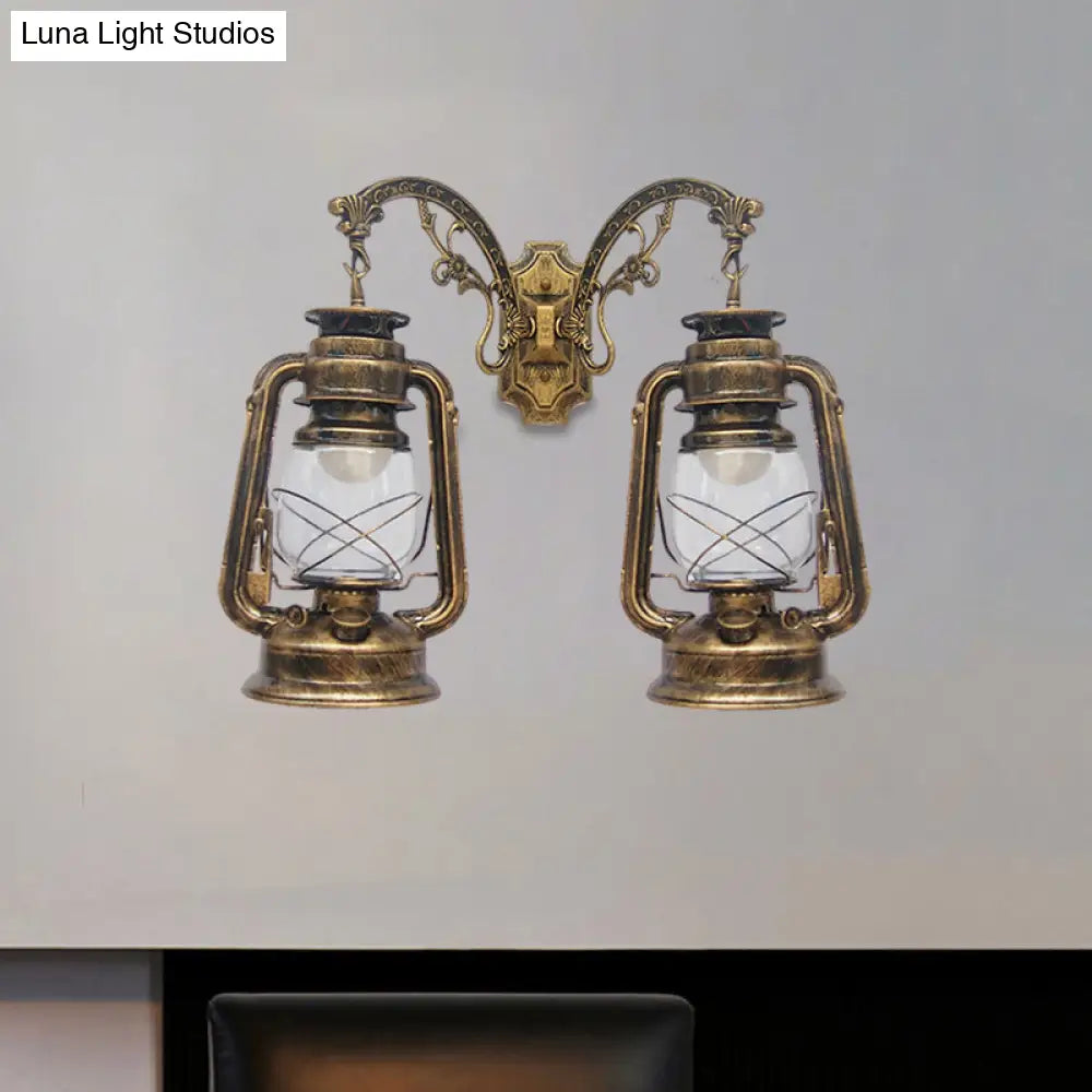 Industrial Lantern Wall Sconce Light Fixture - 2 Bulb Clear Glass Design In A Black/Bronze/Copper