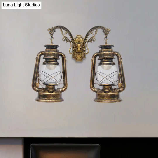 Industrial Lantern Wall Sconce Light Fixture - 2 Bulb Clear Glass Design In A Black/Bronze/Copper