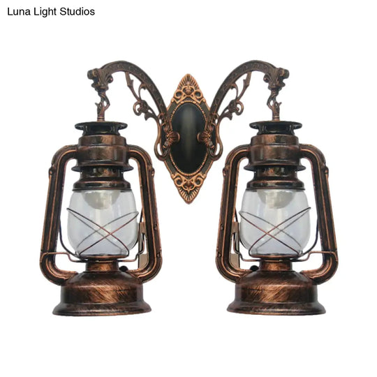 Industrial Lantern Wall Sconce Light Fixture - 2 Bulb Clear Glass Design In A Black/Bronze/Copper