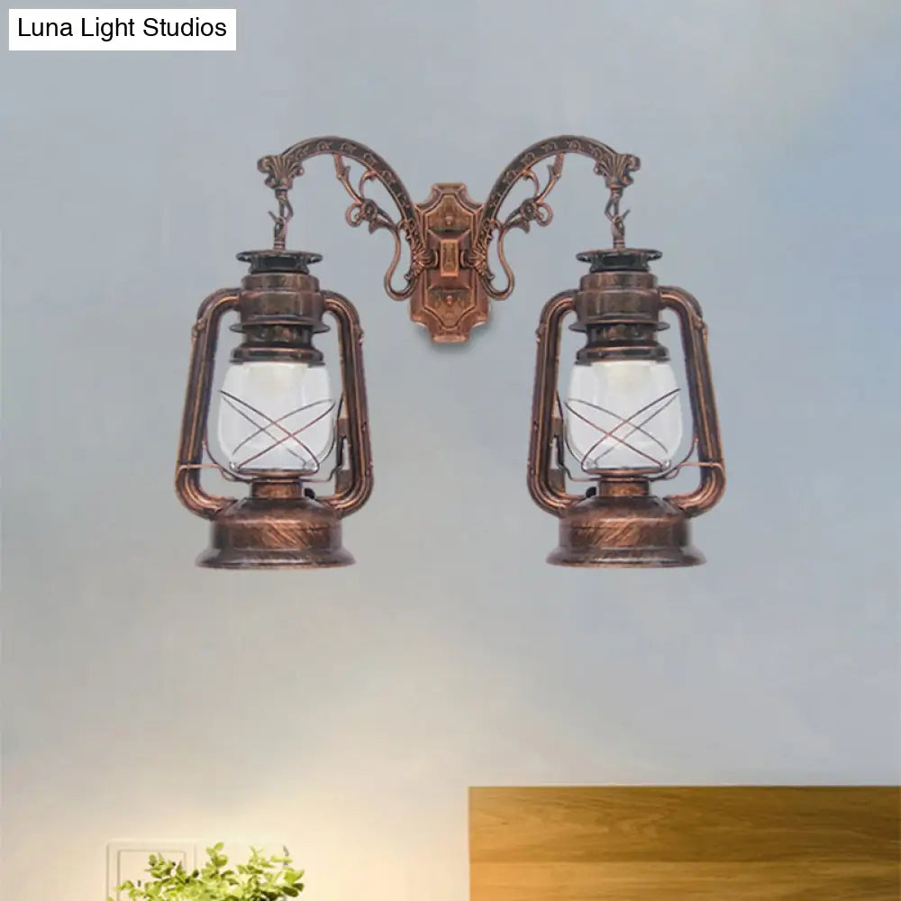 Industrial Lantern Wall Sconce Light Fixture - 2 Bulb Clear Glass Design In A Black/Bronze/Copper