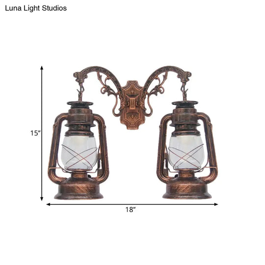 Industrial Lantern Wall Sconce Light Fixture - 2 Bulb Clear Glass Design In A Black/Bronze/Copper