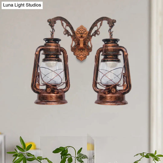 Industrial Lantern Wall Sconce Light Fixture - 2 Bulb Clear Glass Design In A Black/Bronze/Copper