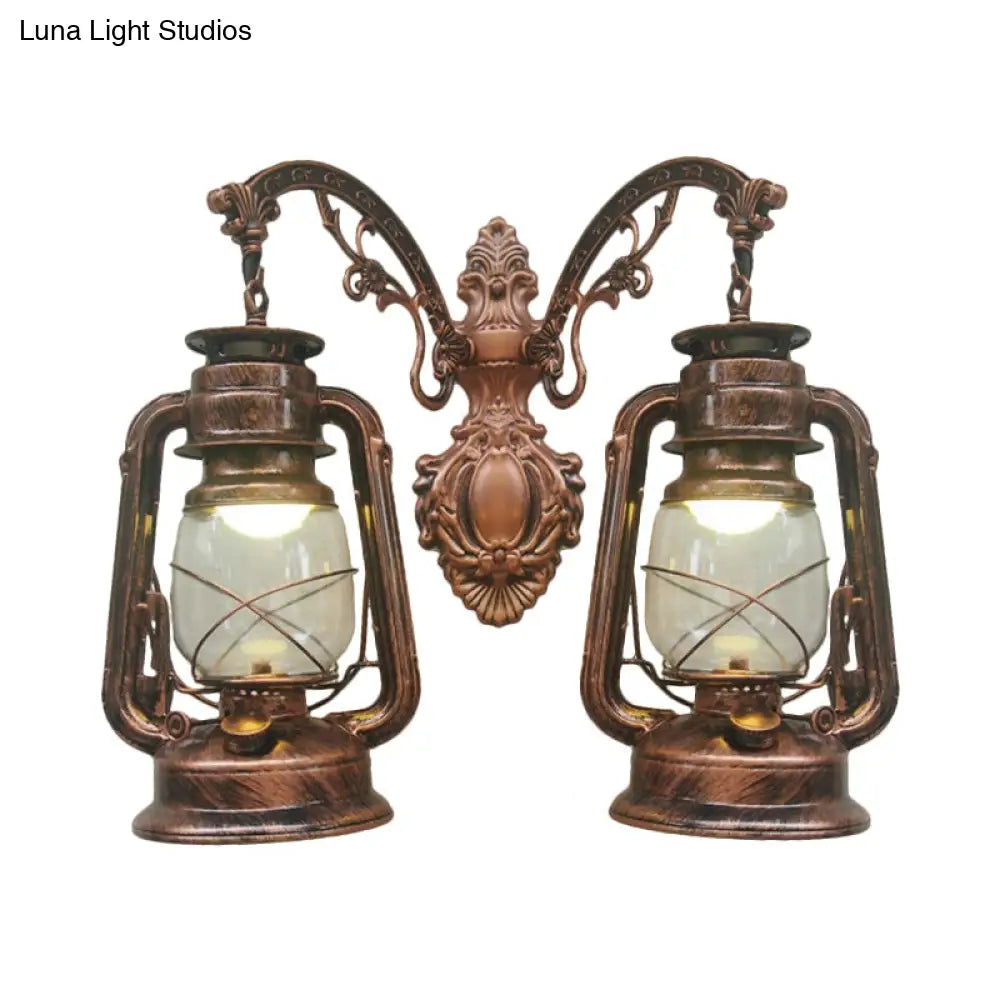 Industrial Lantern Wall Sconce Light Fixture - 2 Bulb Clear Glass Design In A Black/Bronze/Copper