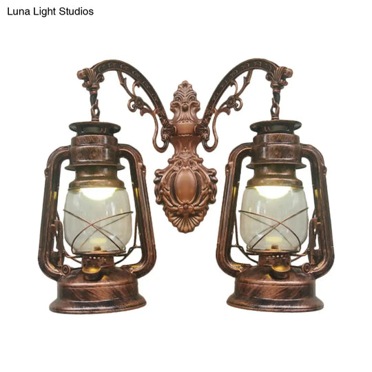 Industrial Lantern Wall Sconce Light Fixture - 2 Bulb Clear Glass Design In A Black/Bronze/Copper