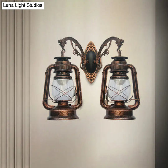 Industrial Lantern Wall Sconce Light Fixture - 2 Bulb Clear Glass Design In A Black/Bronze/Copper