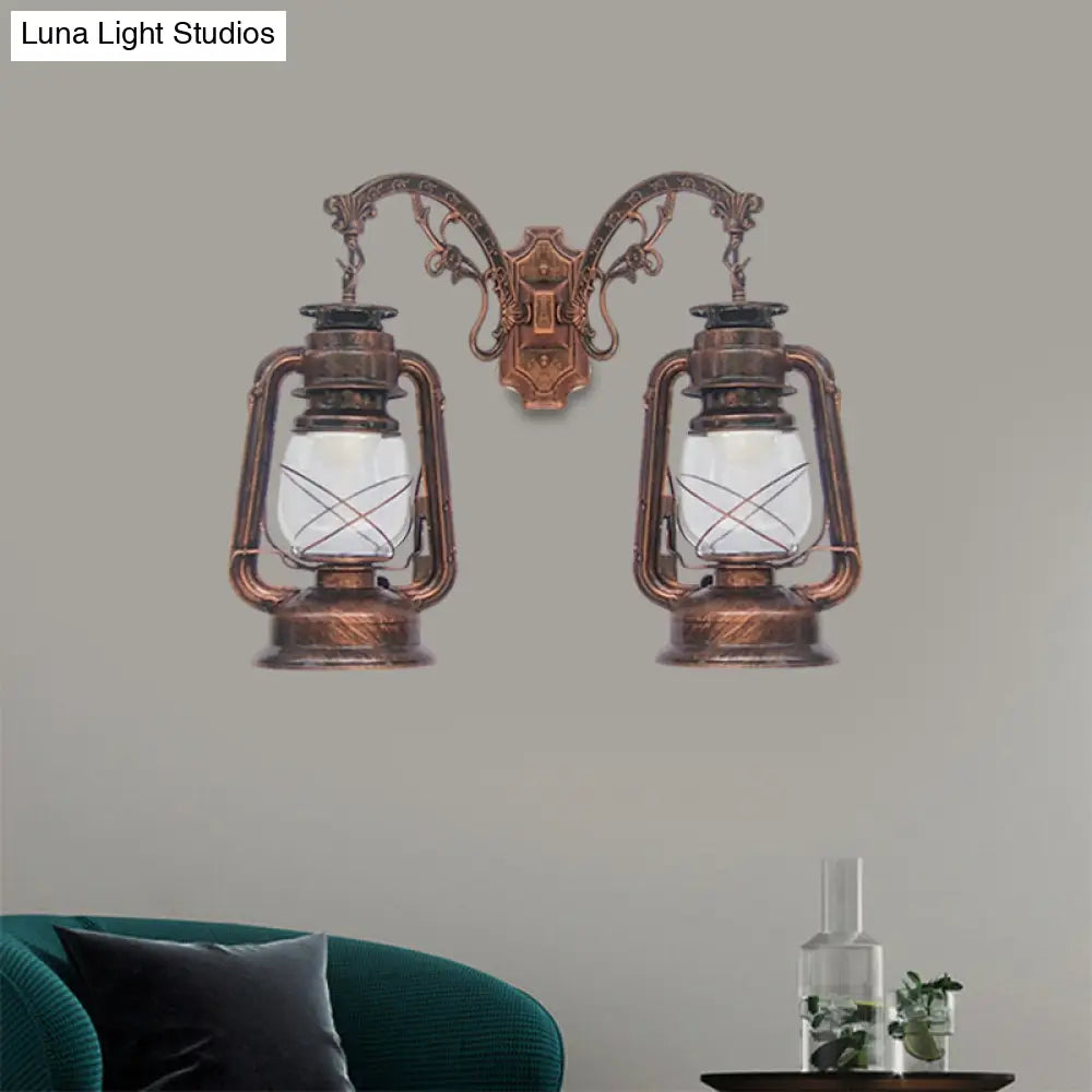 Industrial Lantern Wall Sconce Light Fixture - 2 Bulb Clear Glass Design In A Black/Bronze/Copper