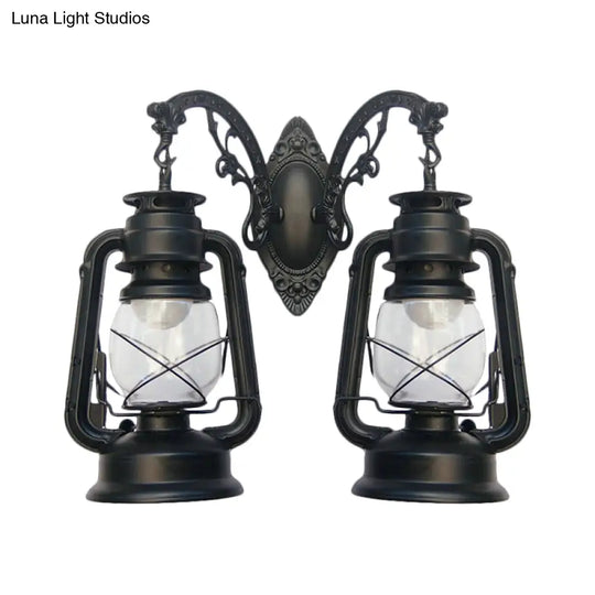 Industrial Lantern Wall Sconce Light Fixture - 2 Bulb Clear Glass Design In A Black/Bronze/Copper