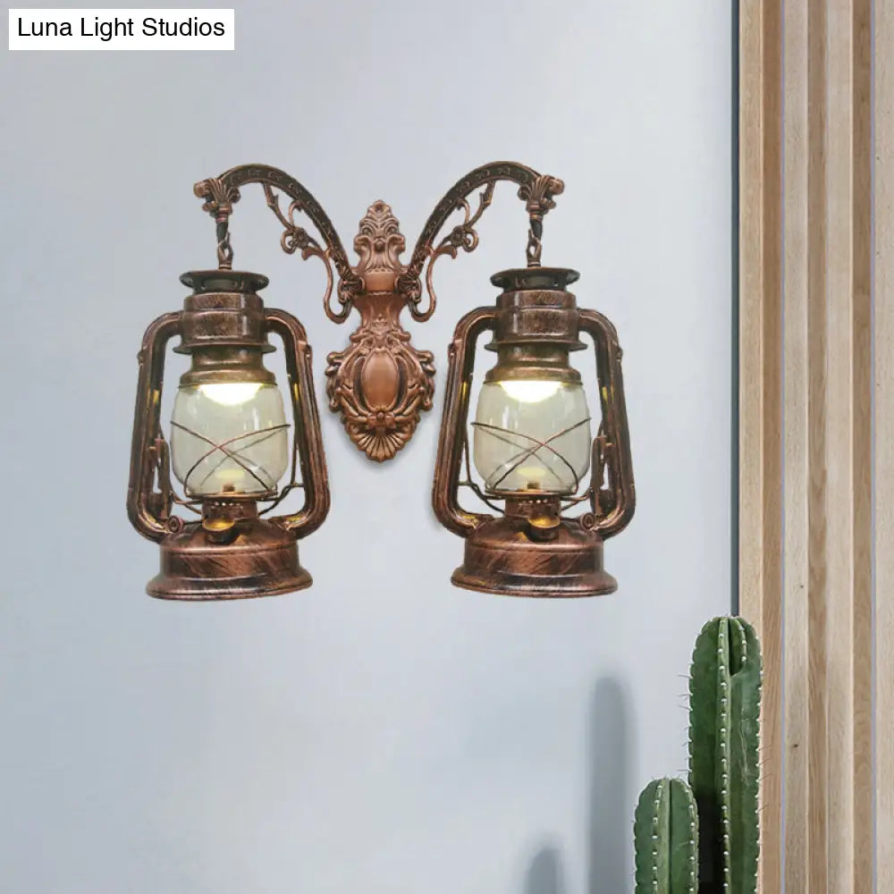 Industrial Lantern Wall Sconce Light Fixture - 2 Bulb Clear Glass Design In A Black/Bronze/Copper