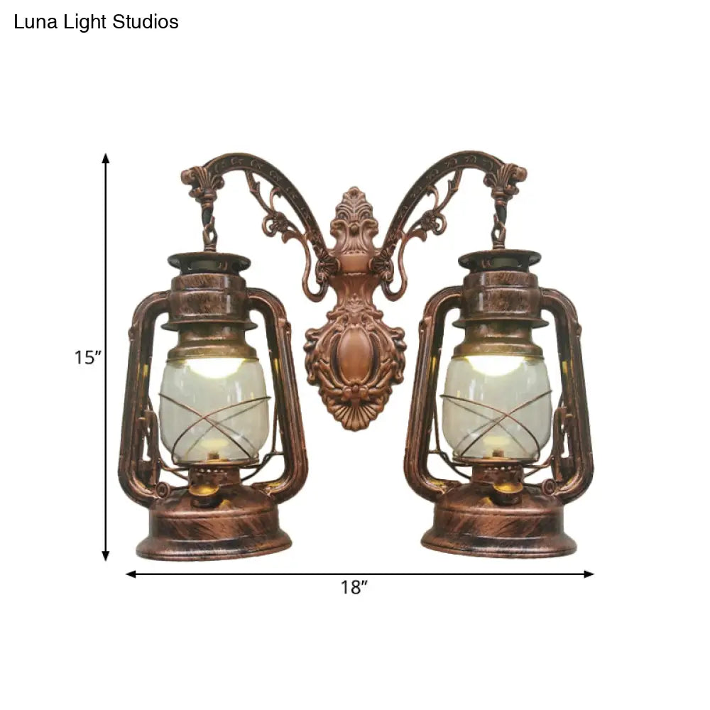 Industrial Lantern Wall Sconce Light Fixture - 2 Bulb Clear Glass Design In A Black/Bronze/Copper