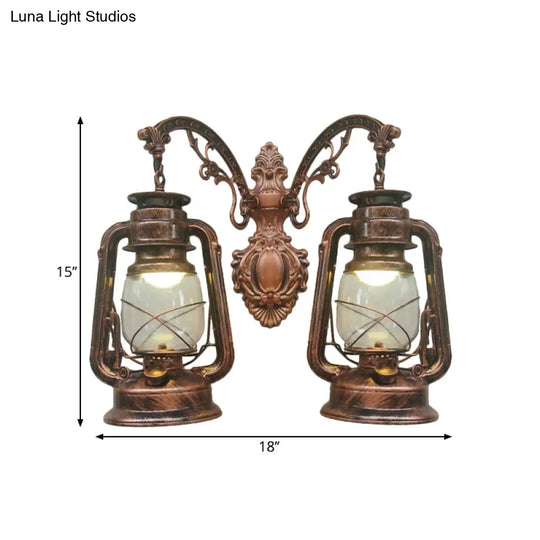 Industrial Lantern Wall Sconce Light Fixture - 2 Bulb Clear Glass Design In A Black/Bronze/Copper