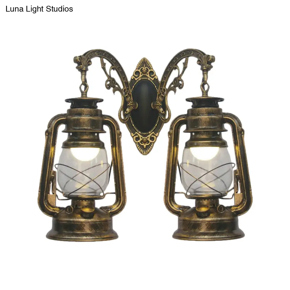 Industrial Lantern Wall Sconce Light Fixture - 2 Bulb Clear Glass Design In A Black/Bronze/Copper