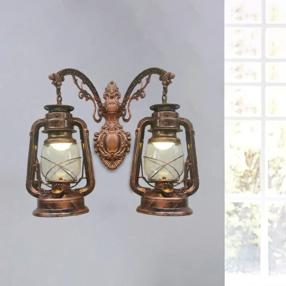 Industrial Lantern Wall Sconce Light Fixture - 2 Bulb Clear Glass Design In A Black/Bronze/Copper