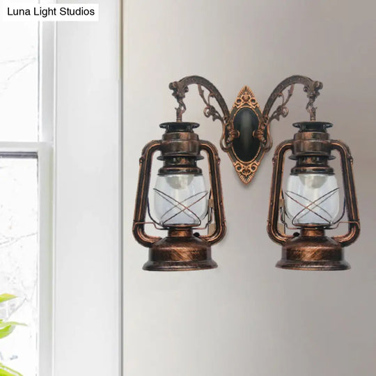 Industrial Lantern Wall Sconce Light Fixture - 2 Bulb Clear Glass Design In A Black/Bronze/Copper