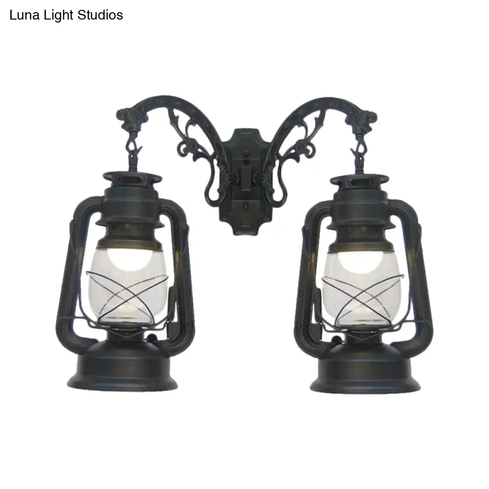 Industrial Lantern Wall Sconce Light Fixture - 2 Bulb Clear Glass Design In A Black/Bronze/Copper