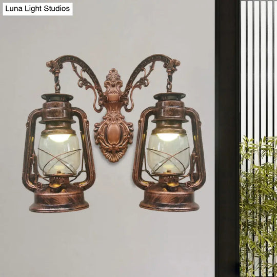 Industrial Lantern Wall Sconce Light Fixture - 2 Bulb Clear Glass Design In A Black/Bronze/Copper