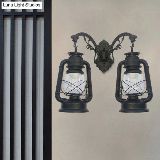 Industrial Lantern Wall Sconce Light Fixture - 2 Bulb Clear Glass Design In A Black/Bronze/Copper