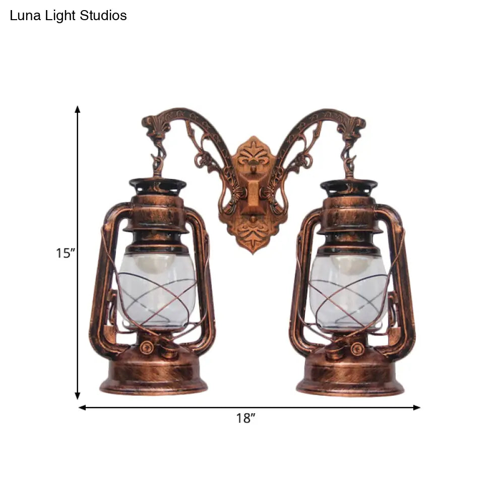 Industrial Lantern Wall Sconce Light Fixture - 2 Bulb Clear Glass Design In A Black/Bronze/Copper