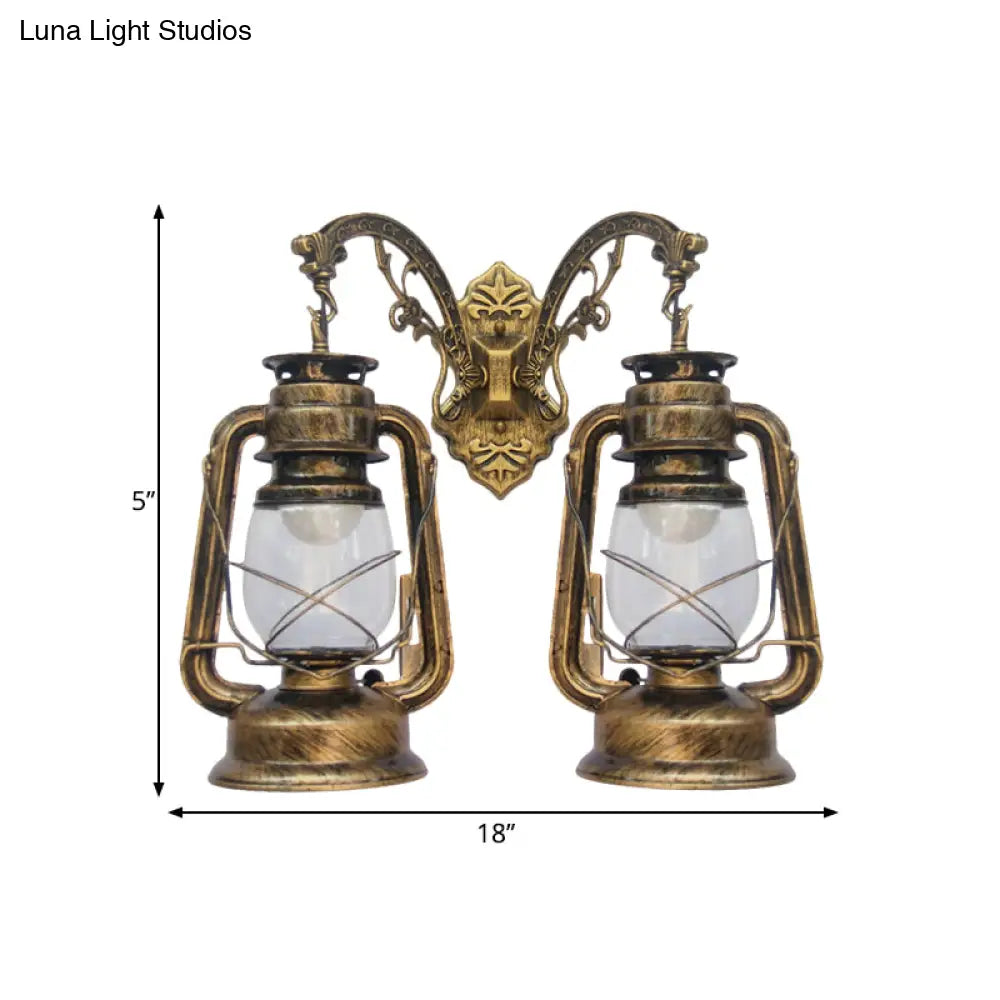 Industrial Lantern Wall Sconce Light Fixture - 2 Bulb Clear Glass Design In A Black/Bronze/Copper