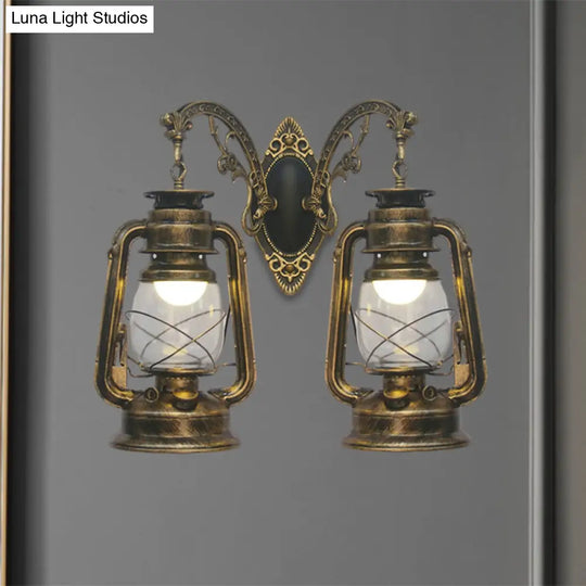 Industrial Lantern Wall Sconce Light Fixture - 2 Bulb Clear Glass Design In A Black/Bronze/Copper