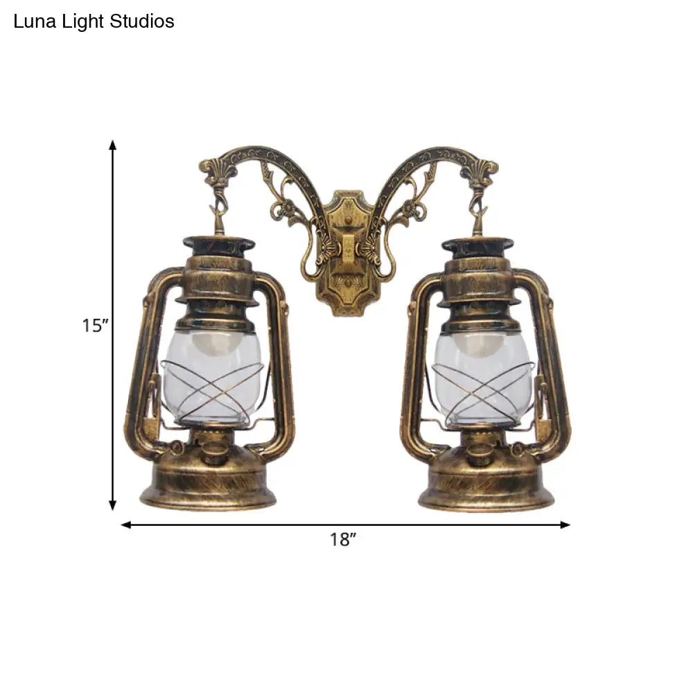 Industrial Lantern Wall Sconce Light Fixture - 2 Bulb Clear Glass Design In A Black/Bronze/Copper