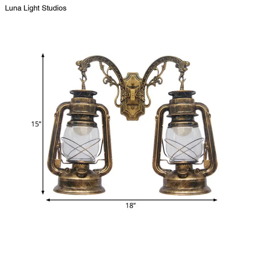 Industrial Lantern Wall Sconce Light Fixture - 2 Bulb Clear Glass Design In A Black/Bronze/Copper