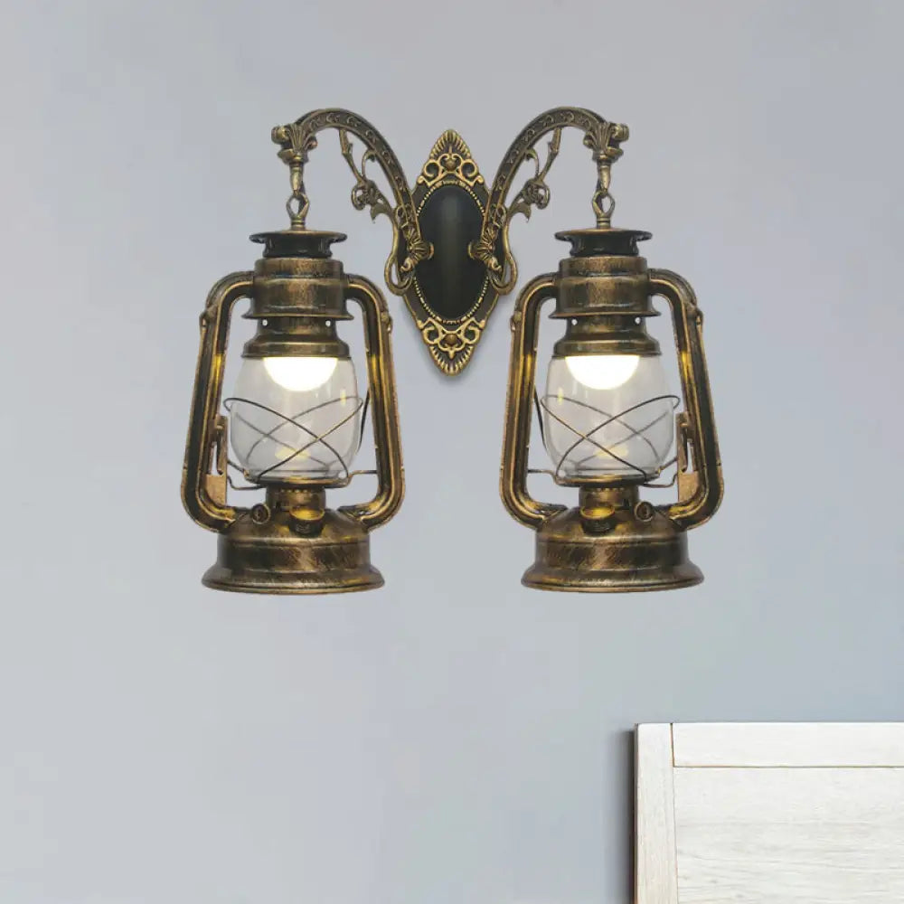 Industrial Lantern Wall Sconce Light Fixture - 2 Bulb Clear Glass Design In A Black/Bronze/Copper