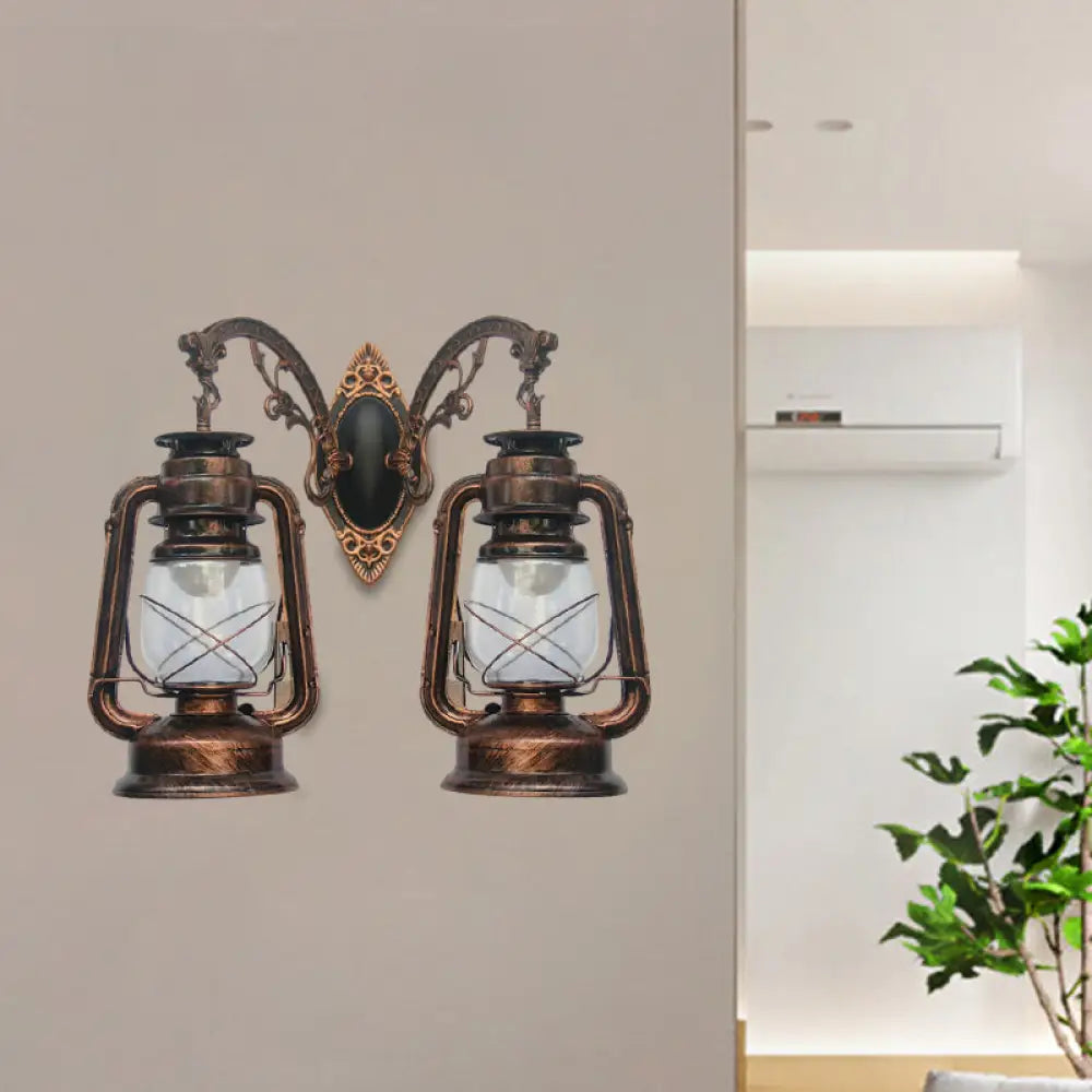 Industrial Lantern Wall Sconce Light Fixture - 2 Bulb Clear Glass Design In A Black/Bronze/Copper