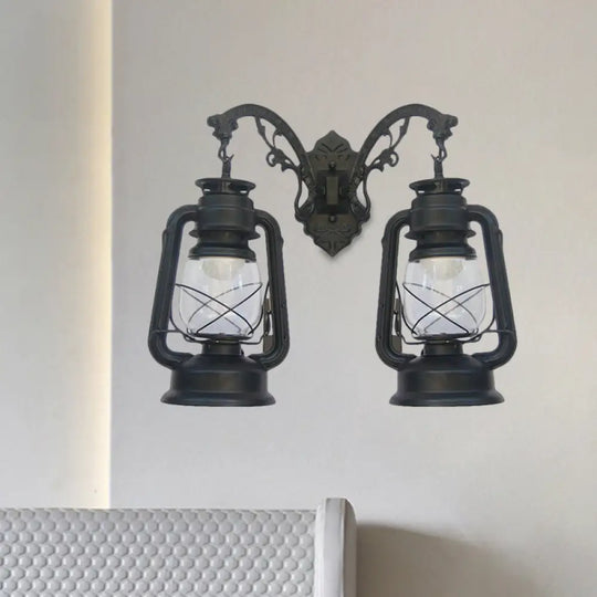 Industrial Lantern Wall Sconce Light Fixture - 2 Bulb Clear Glass Design In A Black/Bronze/Copper