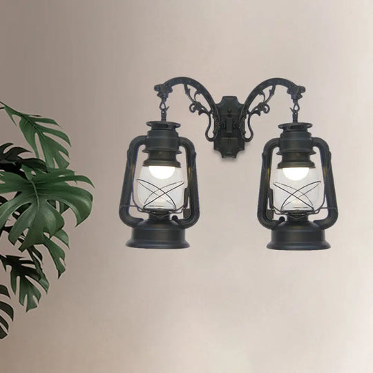 Industrial Lantern Wall Sconce Light Fixture - 2 Bulb Clear Glass Design In A Black/Bronze/Copper