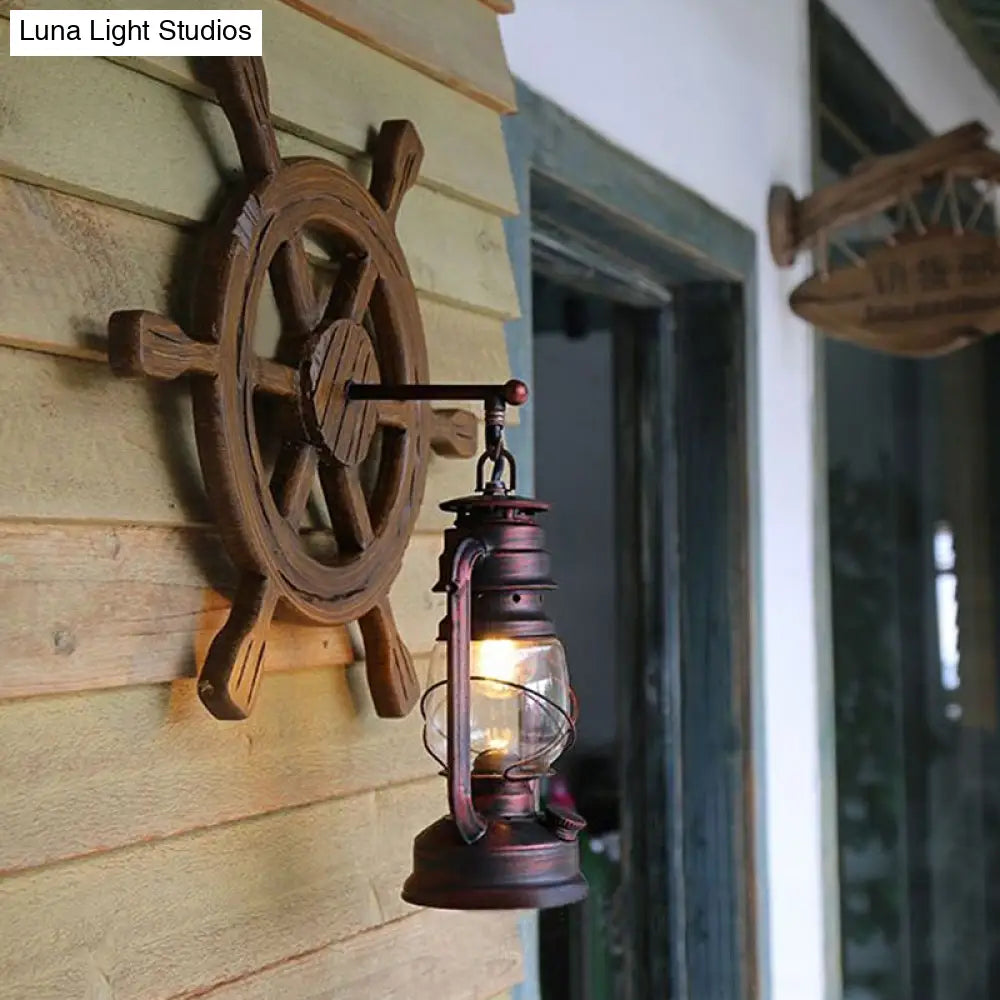 Industrial Lantern Wall Sconce Light With Clear Glass Rust Finish And Wood Rudder - Bedroom Lamp