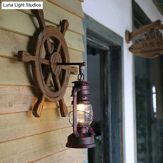 Industrial Lantern Wall Sconce Light With Clear Glass Rust Finish And Wood Rudder - Bedroom Lamp