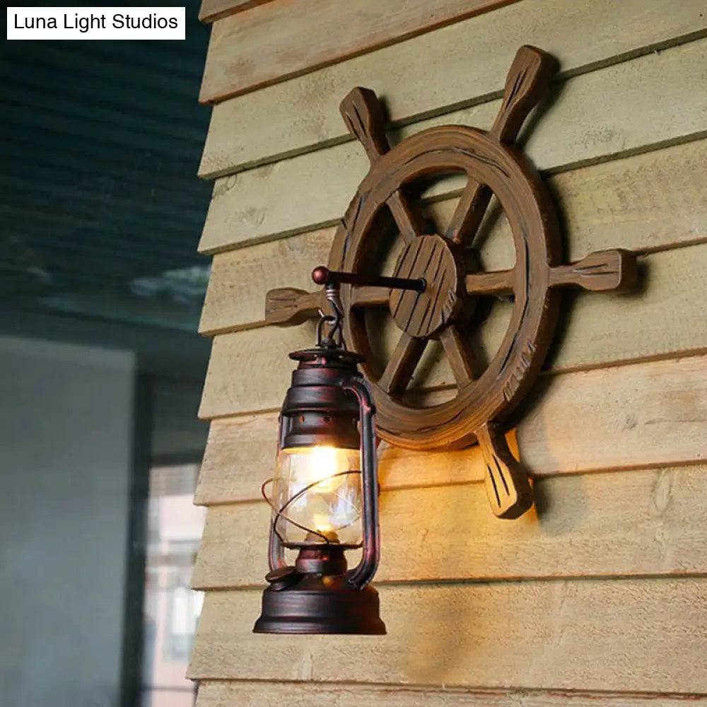 Industrial Lantern Wall Sconce Light With Clear Glass Rust Finish And Wood Rudder - Bedroom Lamp