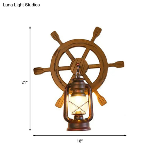 Industrial Lantern Wall Sconce Light With Clear Glass Rust Finish And Wood Rudder - Bedroom Lamp