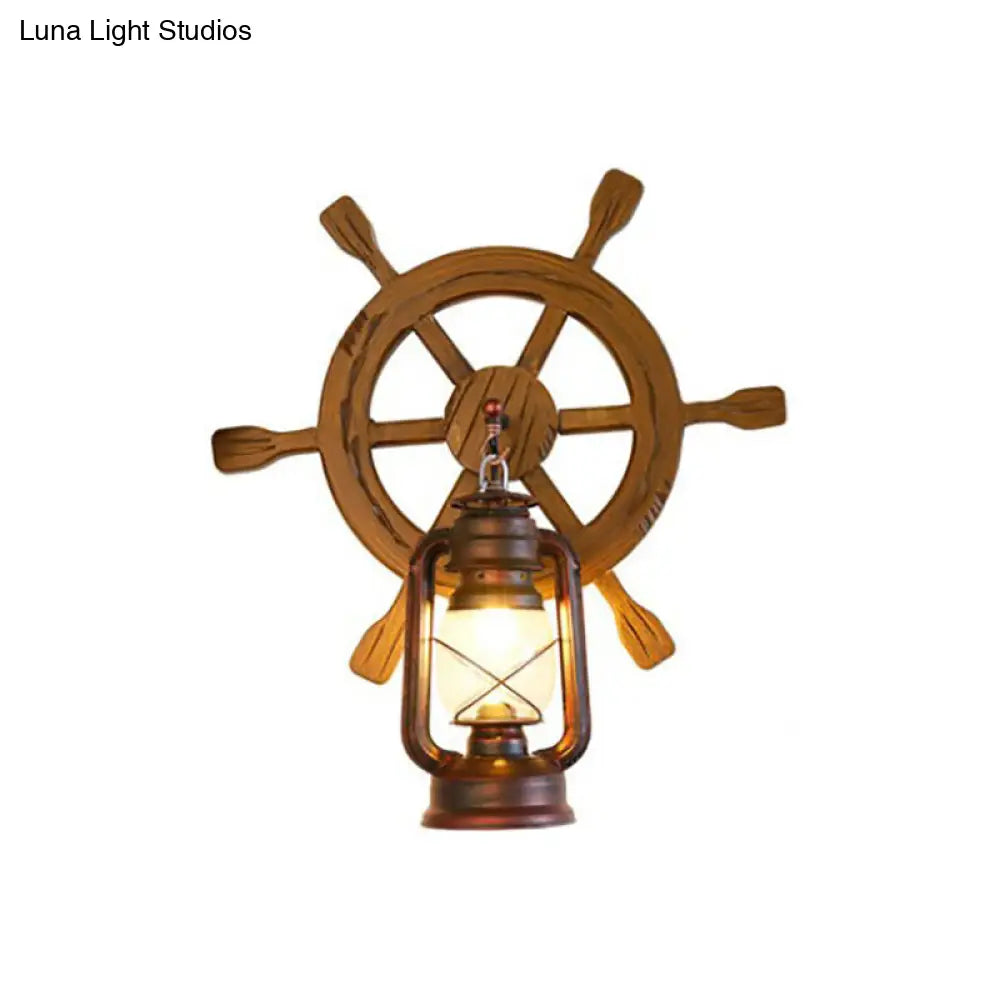 Industrial Lantern Wall Sconce Light With Clear Glass Rust Finish And Wood Rudder - Bedroom Lamp