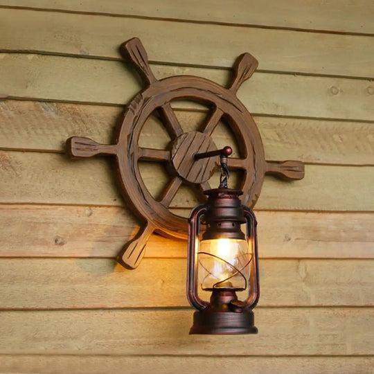 Industrial Lantern Wall Sconce Light With Clear Glass Rust Finish And Wood Rudder - Bedroom Lamp