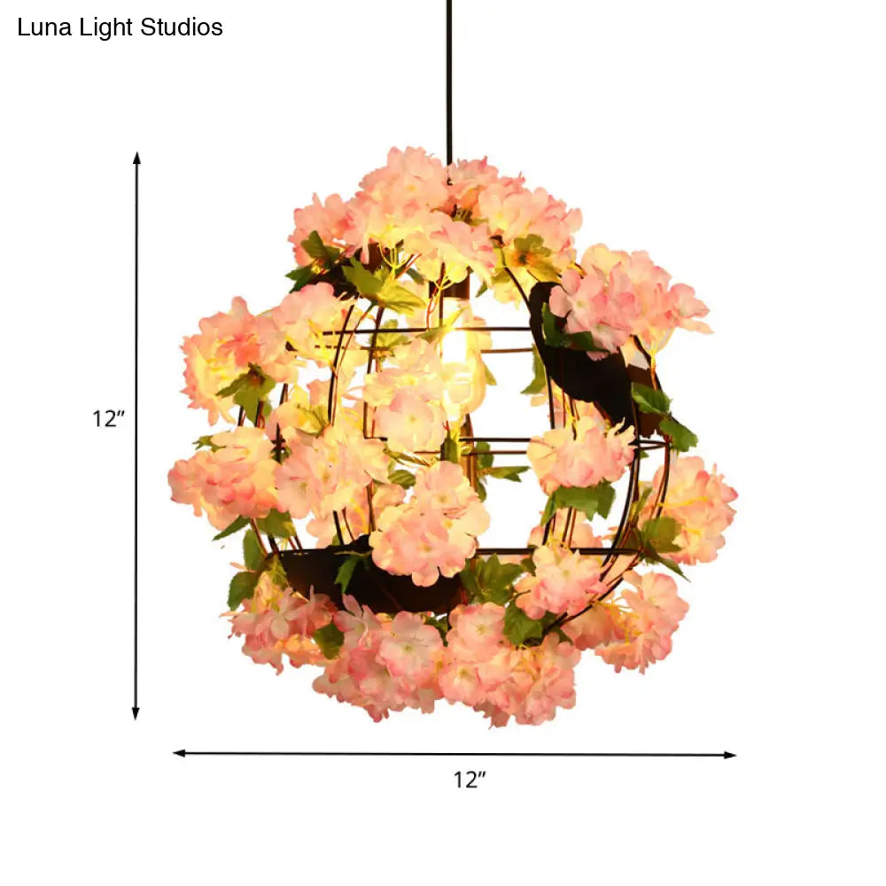 Industrial Led Drop Lamp Pendant - Metal Black Orb 12’/16’ Diameter 1 Head Cherry Blossom Design