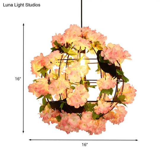 12/16 Metal Black Drop Lamp Orb 1 Head Pendant With Cherry Blossom - Industrial Led Down Lighting