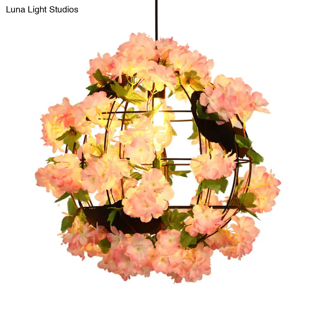 12/16 Metal Black Drop Lamp Orb 1 Head Pendant With Cherry Blossom - Industrial Led Down Lighting