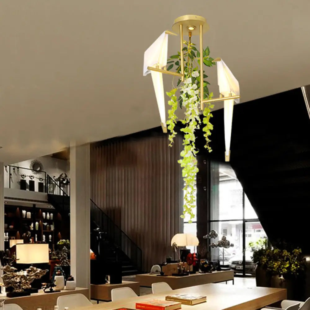 Industrial Led Geometric Ceiling Light Fixture In Gold With Metal Plant Design - Perfect For