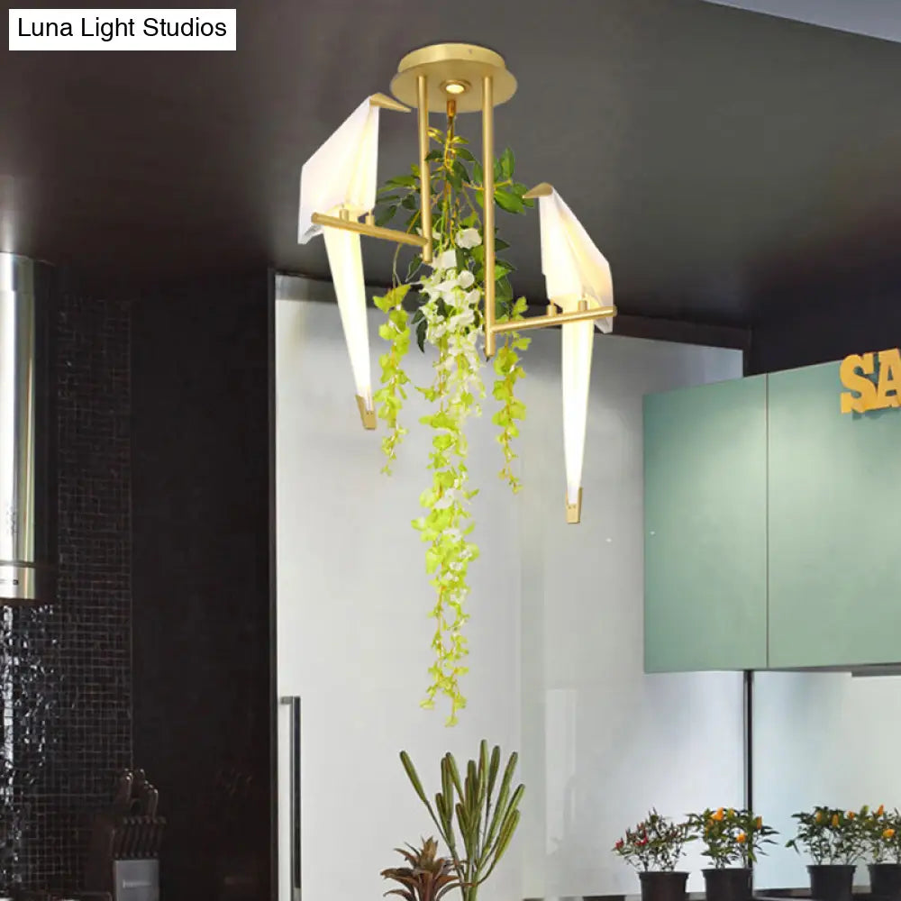 Industrial Led Geometric Ceiling Light Fixture In Gold With Metal Plant Design - Perfect For