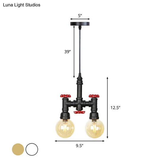 Industrial 2-Light Led Hanging Pendant Chandelier With Global Amber/Clear Glass Shades - Restaurant