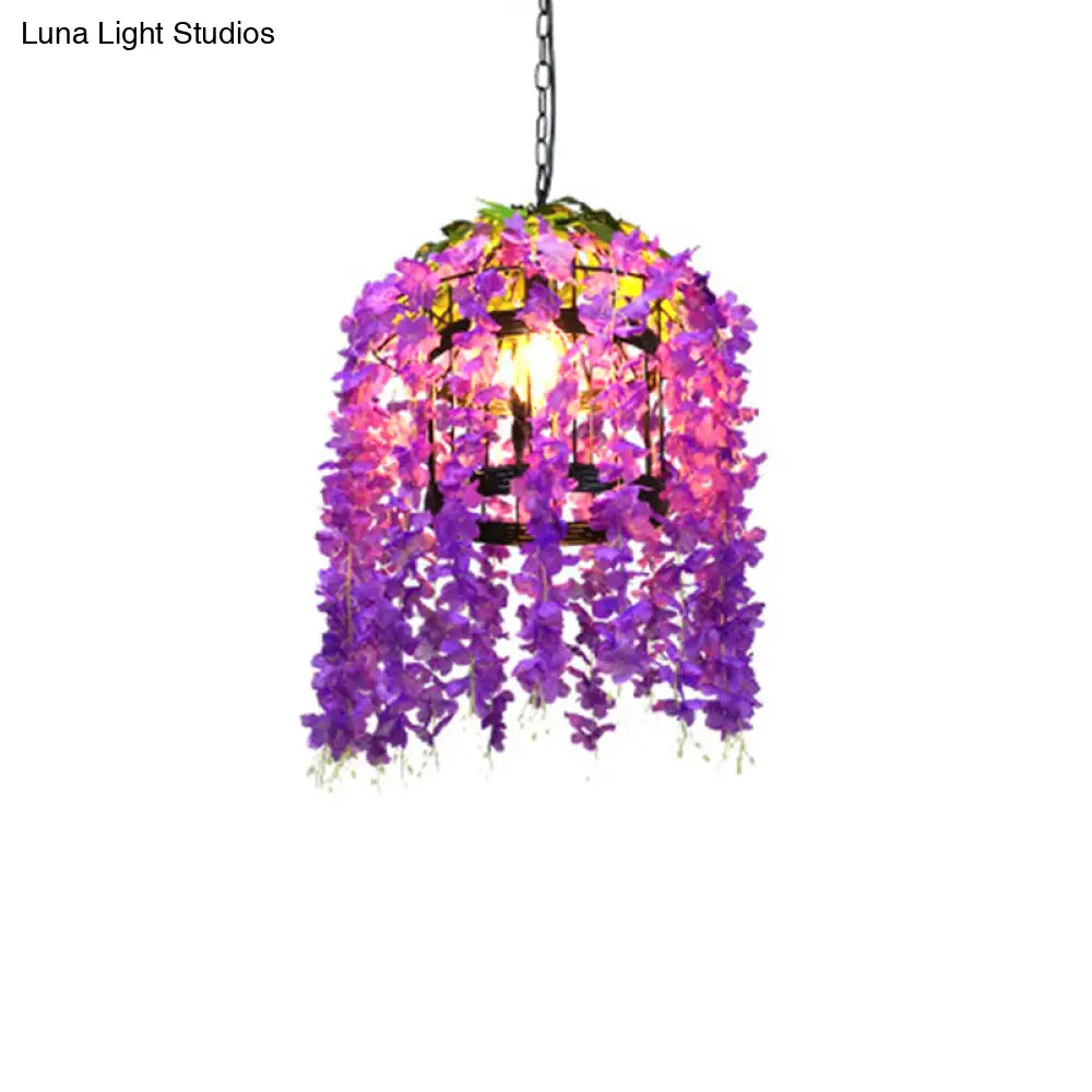 Industrial Led Pendant Lamp In Burst/Barn/Birdcage Design Pink/Green/Purple Finish Iron For Bistro