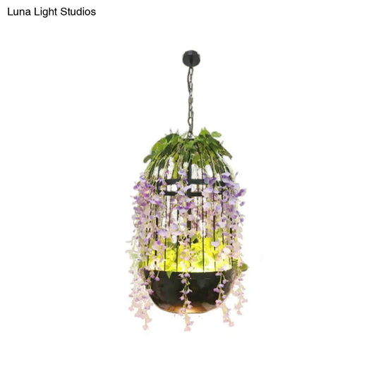 Industrial Led Pendant Lamp In Burst/Barn/Birdcage Design Pink/Green/Purple Finish Iron For Bistro