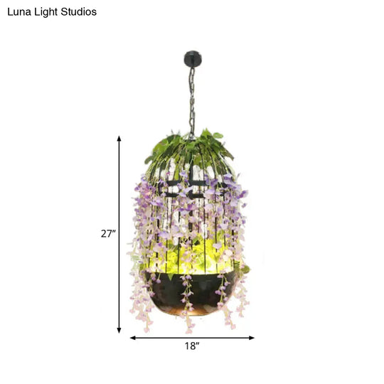 Industrial Led Pendant Lamp In Burst/Barn/Birdcage Design Pink/Green/Purple Finish Iron For Bistro