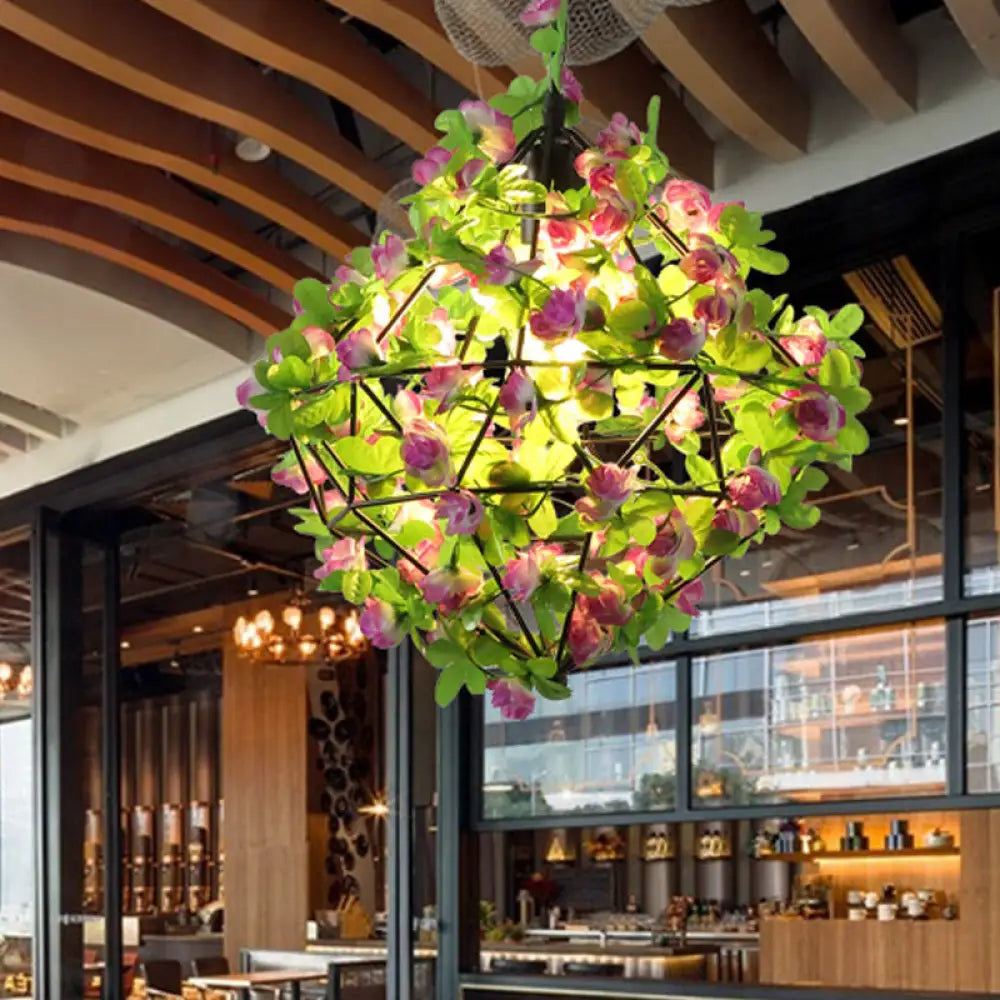 Industrial Led Suspension Lamp With Geometric Metal Black Pendant And Flower Decoration