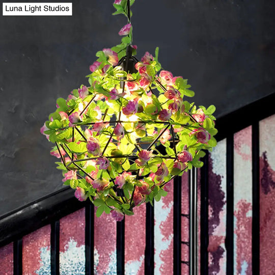 Industrial Geometric Metal Pendant Light With Black Finish And Flower Detail