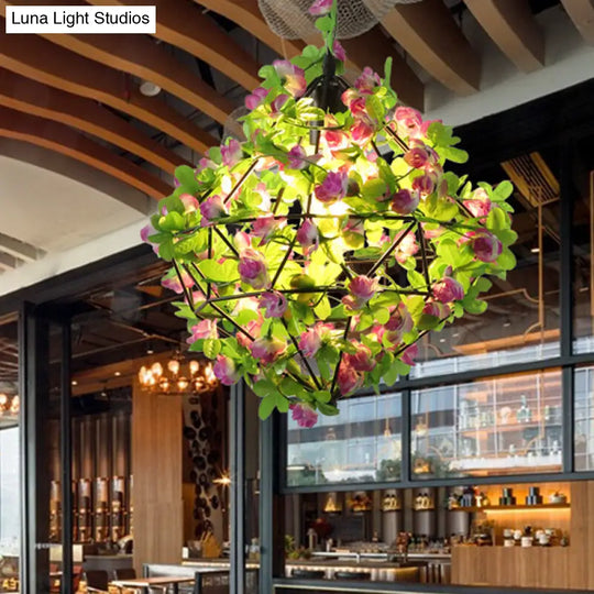 Industrial Geometric Metal Pendant Light With Black Finish And Flower Detail