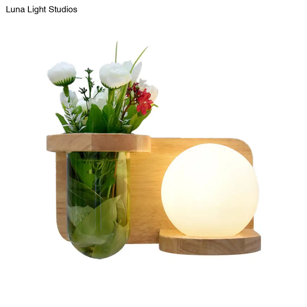 Industrial Led Wall Sconce Light - Milky Glass Orb Wood Left/Right